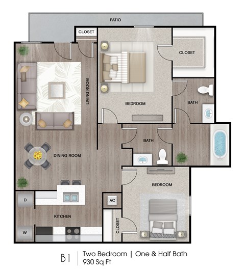 Floor plan for 2 beds, 2 baths, 930 sqft